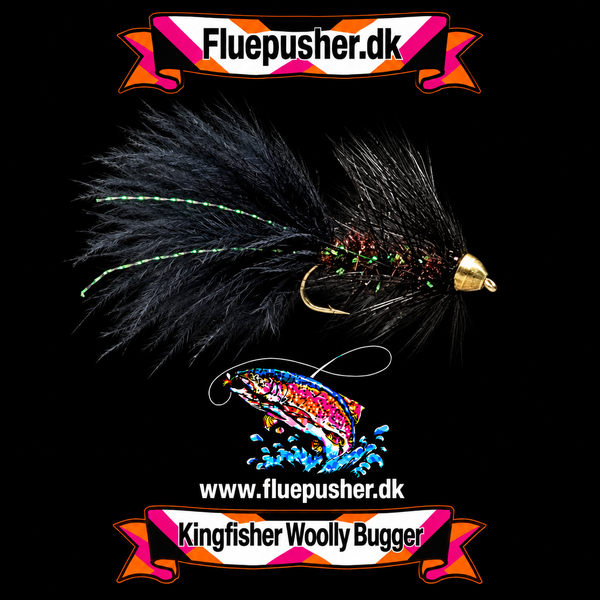 Sort rubin conehead woollybugger på Kingfisher-baggrund